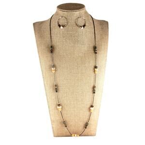 Beaded Hoop Earrings, Long 30" Bead Necklace Set Mixed Green Brown Silver Tone